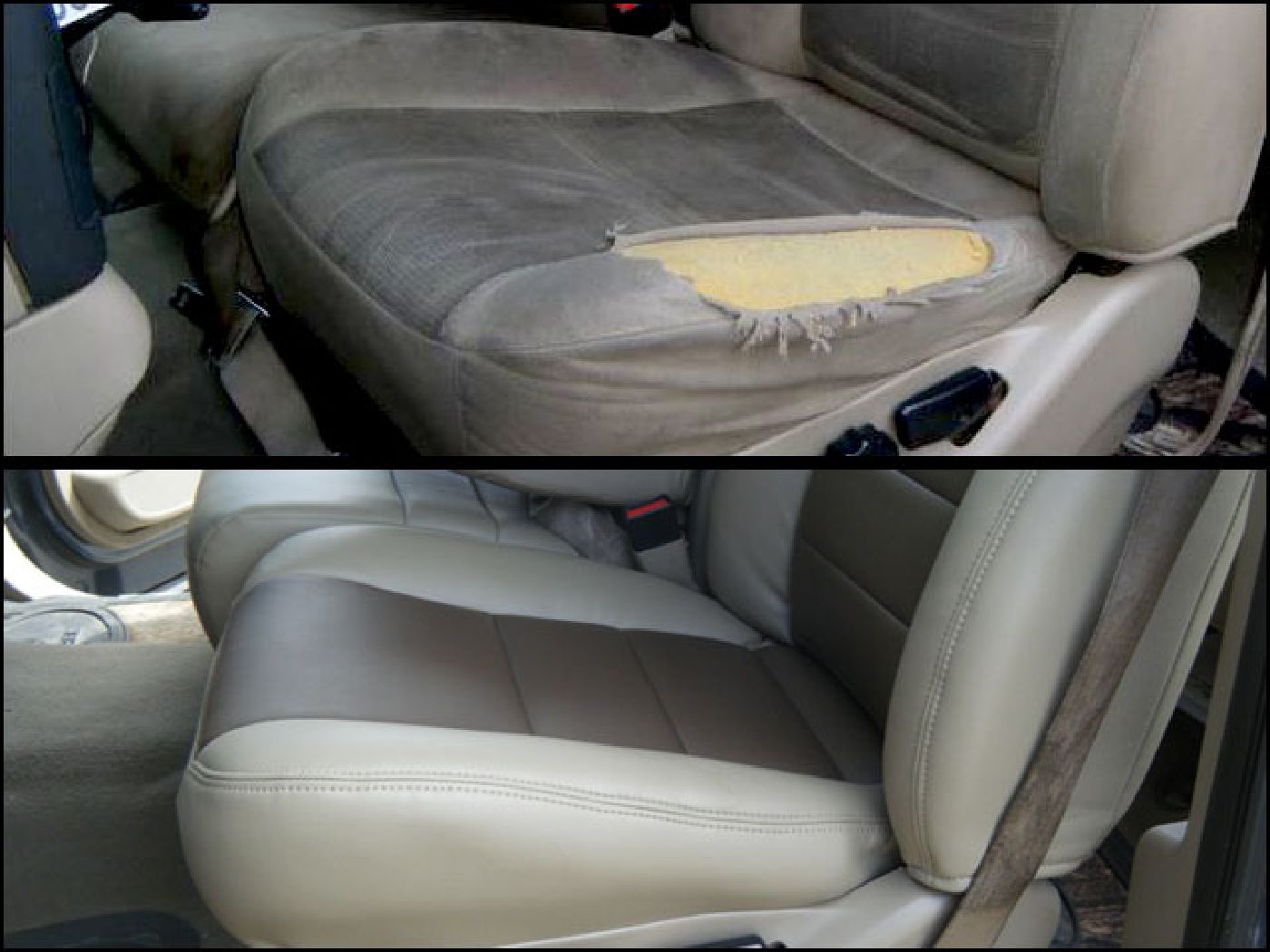 Fabric seat re-upolstered in leather.